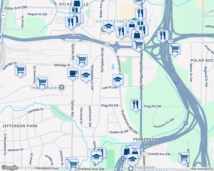 map of restaurants, bars, coffee shops, grocery stores, and more near 2316 Springdale Road Southwest in Atlanta
