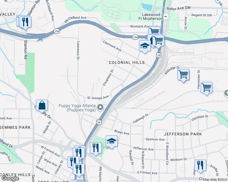 map of restaurants, bars, coffee shops, grocery stores, and more near 2320 Newnan Street in East Point