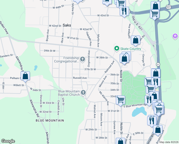 map of restaurants, bars, coffee shops, grocery stores, and more near 304 Dogwood Avenue in Anniston