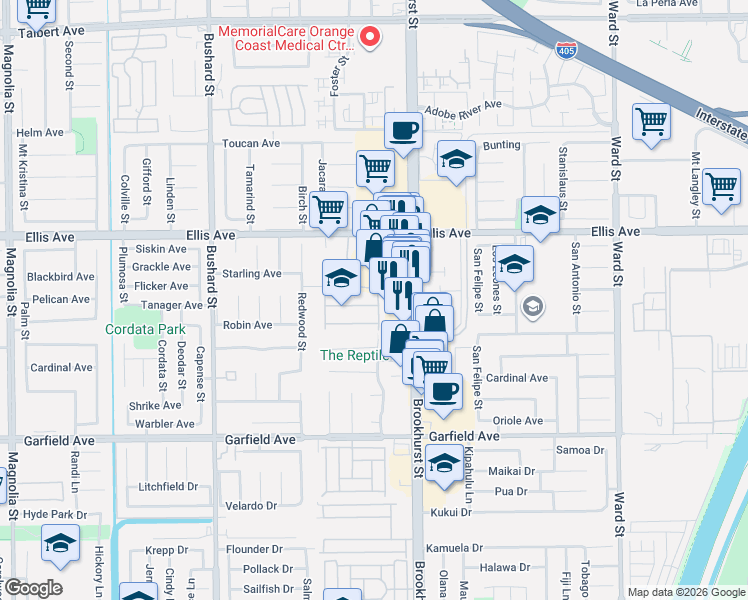 map of restaurants, bars, coffee shops, grocery stores, and more near 9897 Skylar in Fountain Valley