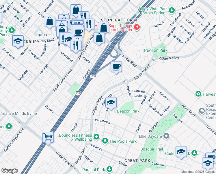 map of restaurants, bars, coffee shops, grocery stores, and more near 300 Novel in Irvine