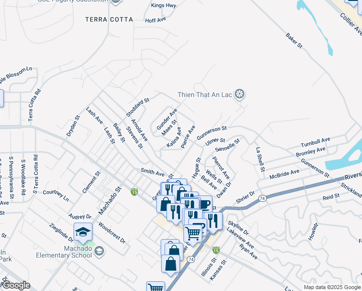 map of restaurants, bars, coffee shops, grocery stores, and more near 29431 Pierce Avenue in Lake Elsinore