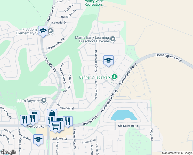 map of restaurants, bars, coffee shops, grocery stores, and more near 29624 Castlewood Drive in Menifee