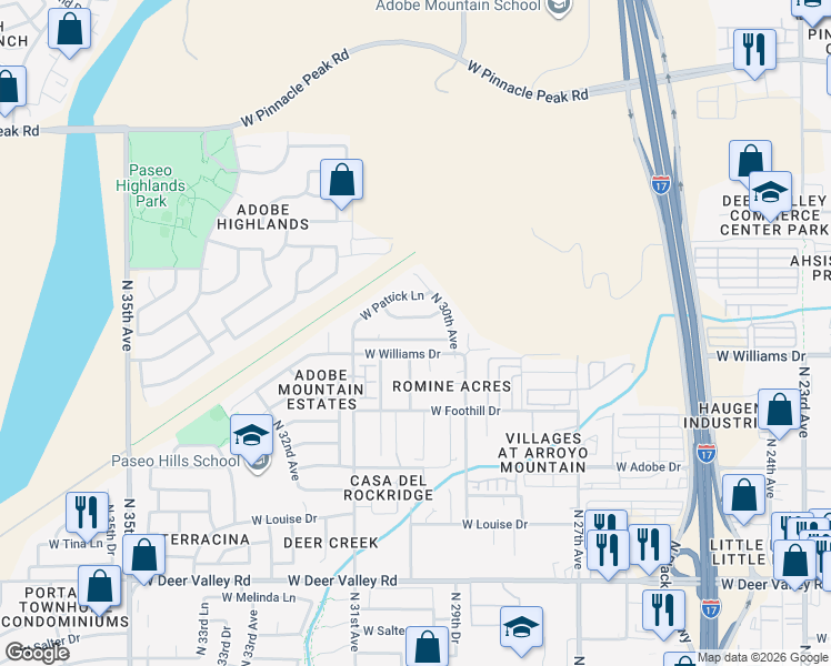 map of restaurants, bars, coffee shops, grocery stores, and more near 3031 West Country Club Terrace in Phoenix