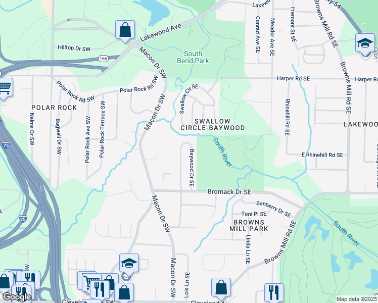 map of restaurants, bars, coffee shops, grocery stores, and more near 2317 Baywood Drive Southeast in Atlanta