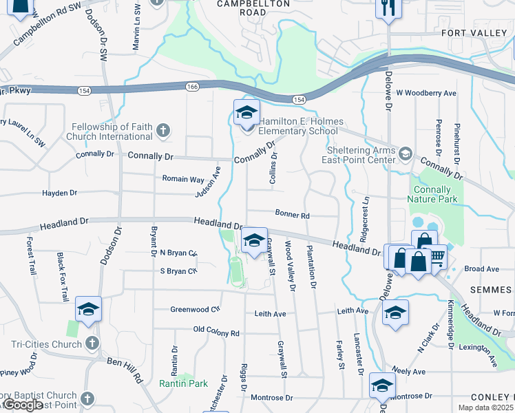 map of restaurants, bars, coffee shops, grocery stores, and more near 2361 Bonner Road in East Point