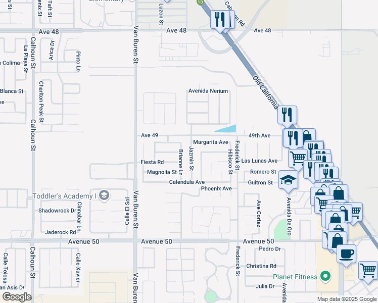 map of restaurants, bars, coffee shops, grocery stores, and more near 49195 Jazmin Street in Coachella