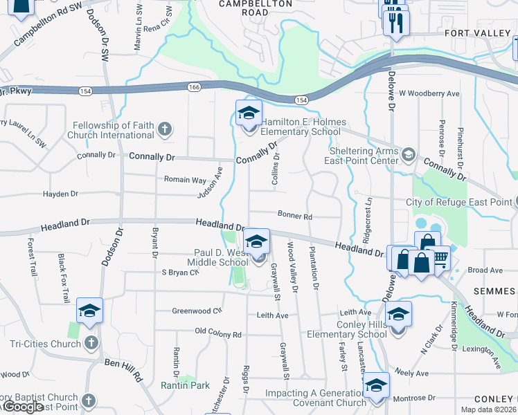 map of restaurants, bars, coffee shops, grocery stores, and more near 2361 Bonner Road in East Point