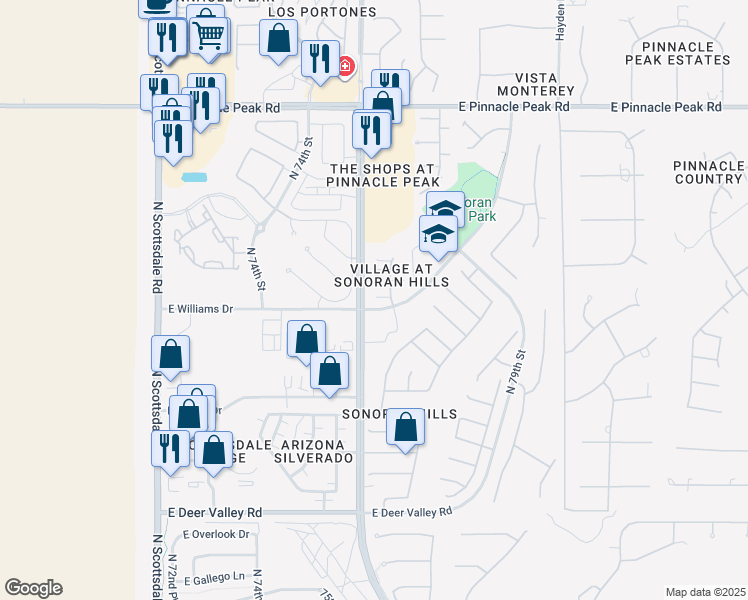 map of restaurants, bars, coffee shops, grocery stores, and more near 7650 East Williams Drive in Scottsdale