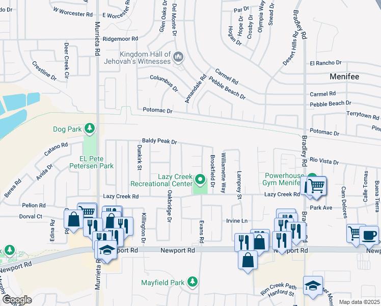 map of restaurants, bars, coffee shops, grocery stores, and more near 26440 Conestoga Court in Menifee