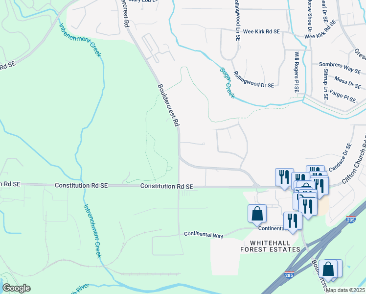 map of restaurants, bars, coffee shops, grocery stores, and more near 1679 Eastside Parc Street in Atlanta