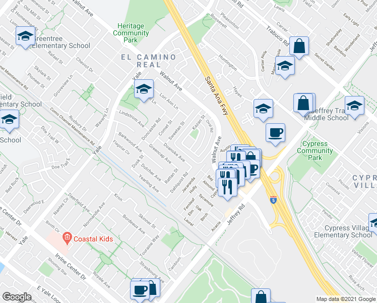 map of restaurants, bars, coffee shops, grocery stores, and more near 5121 Doanoke Avenue in Irvine