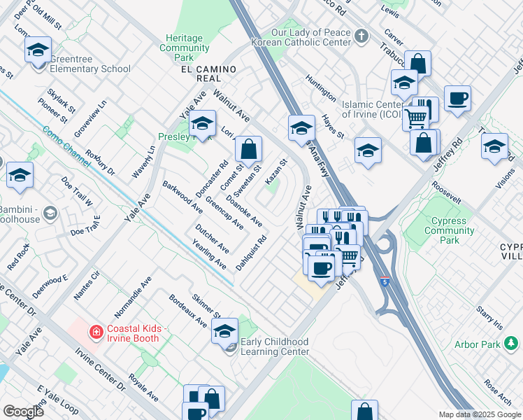 map of restaurants, bars, coffee shops, grocery stores, and more near 5121 Doanoke Avenue in Irvine