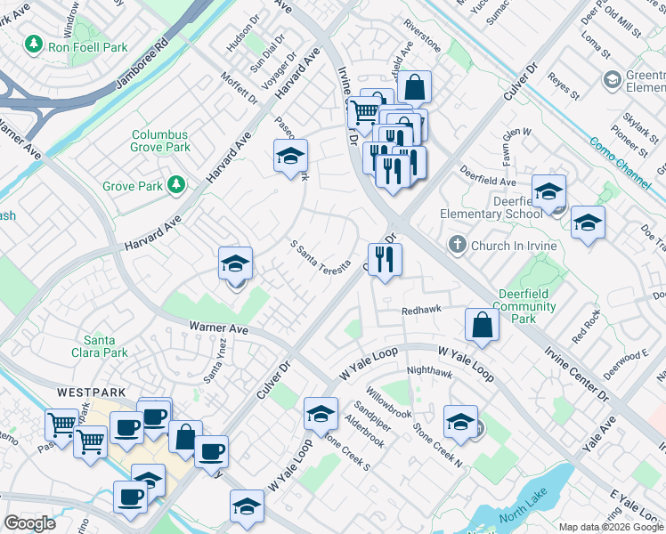 map of restaurants, bars, coffee shops, grocery stores, and more near 11 Avignon in Irvine