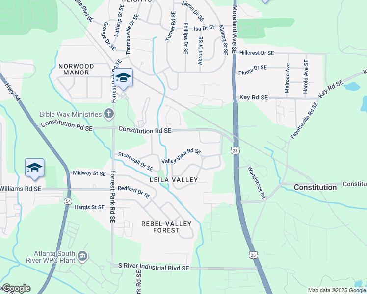 map of restaurants, bars, coffee shops, grocery stores, and more near 1038 Valley View Road Southeast in Atlanta