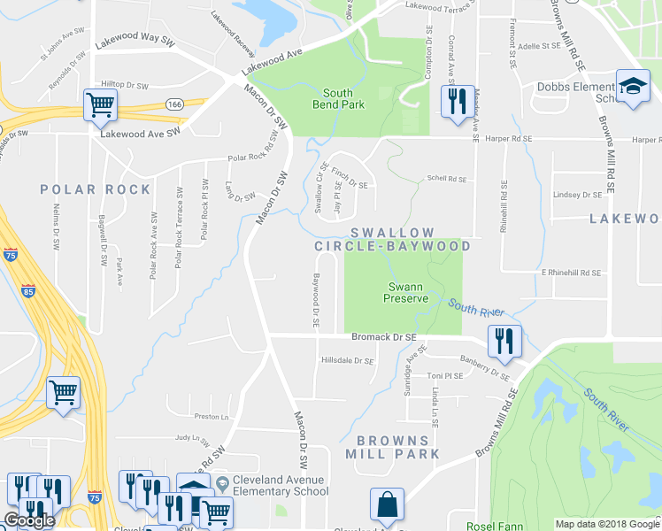map of restaurants, bars, coffee shops, grocery stores, and more near 2317 Baywood Drive Southeast in Atlanta