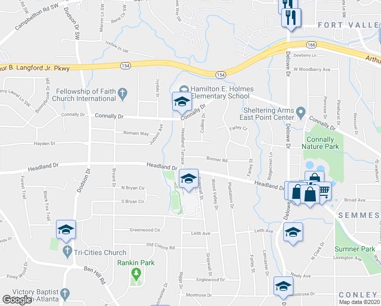 map of restaurants, bars, coffee shops, grocery stores, and more near 2361 Bonner Road in East Point