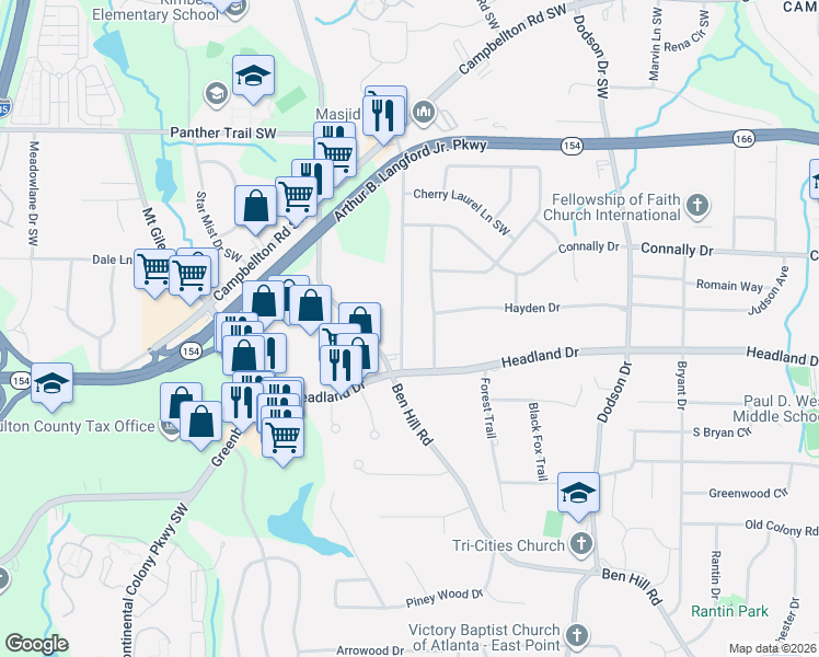 map of restaurants, bars, coffee shops, grocery stores, and more near 2430 Maxwell Drive Southwest in Atlanta
