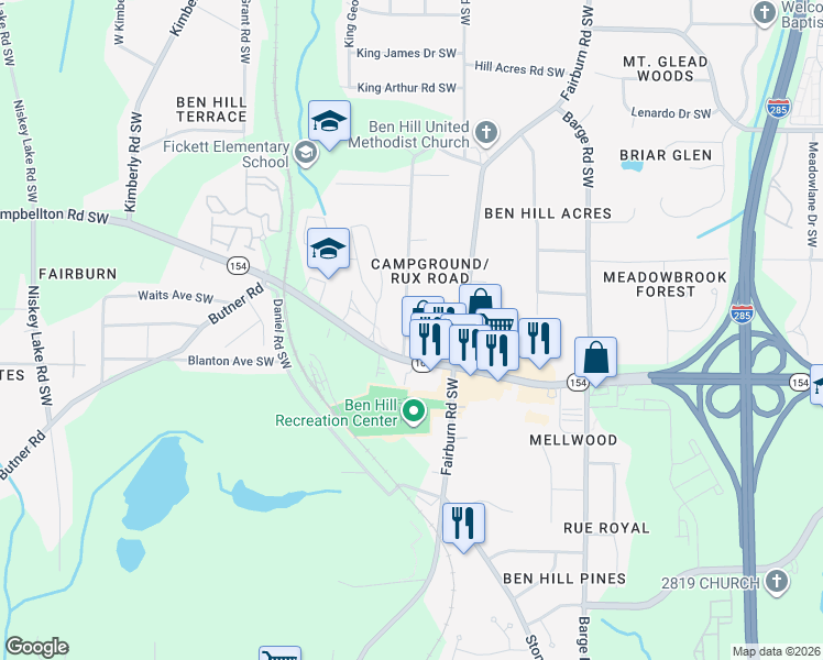 map of restaurants, bars, coffee shops, grocery stores, and more near 2304 Camp Ground Road Southwest in Atlanta