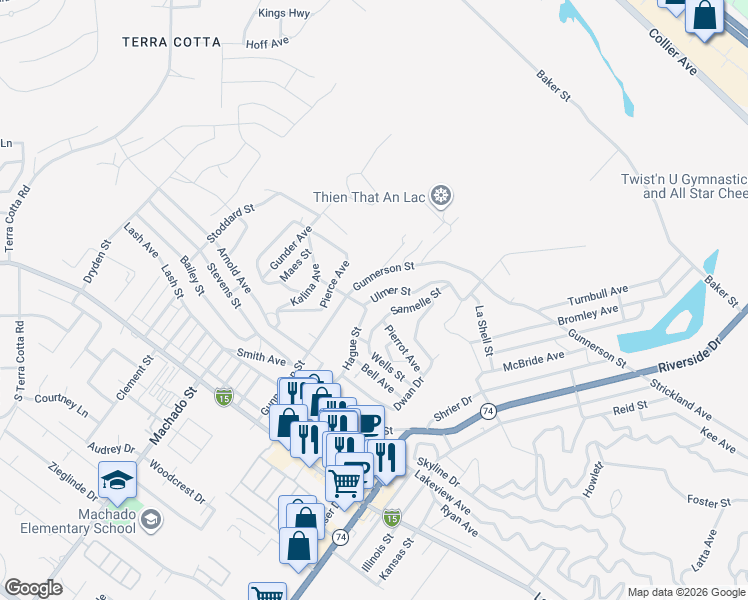 map of restaurants, bars, coffee shops, grocery stores, and more near Ulmer Street in Lake Elsinore