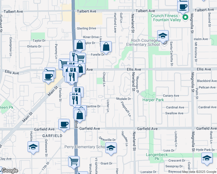 map of restaurants, bars, coffee shops, grocery stores, and more near 18646 Applewood Drive in Huntington Beach