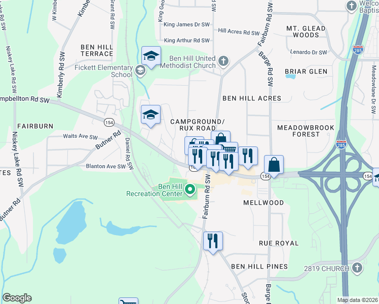map of restaurants, bars, coffee shops, grocery stores, and more near 2304 Camp Ground Road Southwest in Atlanta