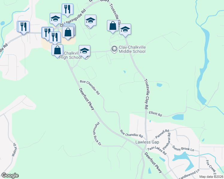 map of restaurants, bars, coffee shops, grocery stores, and more near 6499 Roe Chandler Road in Trussville