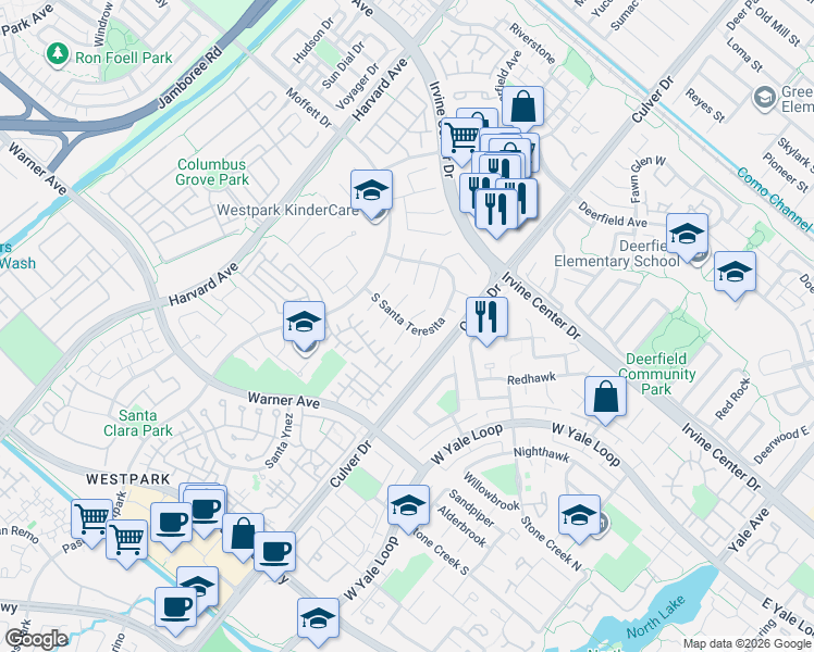 map of restaurants, bars, coffee shops, grocery stores, and more near Santa Eulalia in Irvine