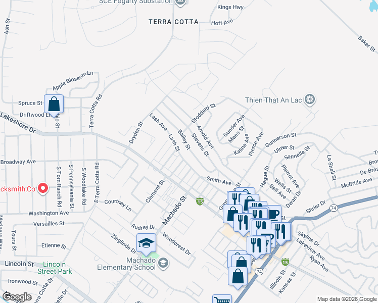 map of restaurants, bars, coffee shops, grocery stores, and more near Bailey Street in Lake Elsinore