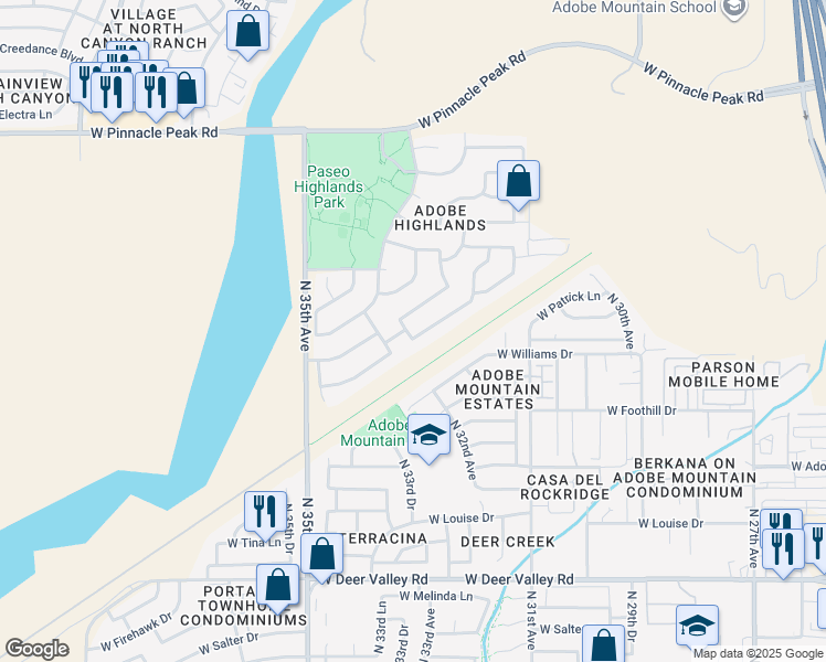 map of restaurants, bars, coffee shops, grocery stores, and more near 3314 West Adobe Dam Road in Phoenix
