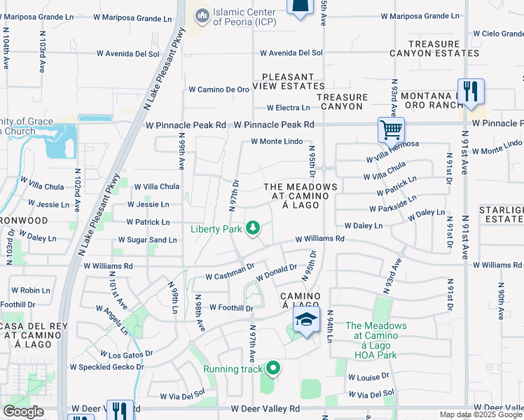 map of restaurants, bars, coffee shops, grocery stores, and more near 9661 West Patrick Lane in Peoria