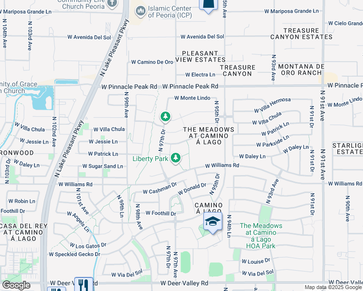 map of restaurants, bars, coffee shops, grocery stores, and more near 9661 West Patrick Lane in Peoria
