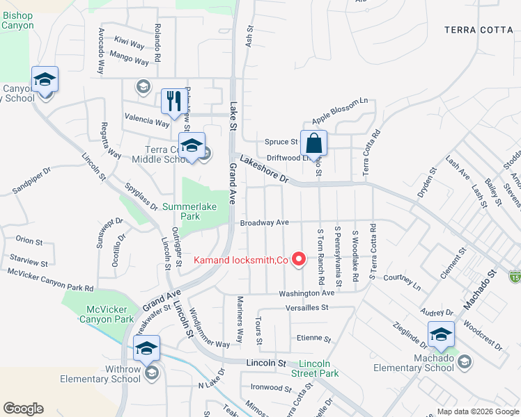 map of restaurants, bars, coffee shops, grocery stores, and more near 143 North Nebraska Street in Lake Elsinore