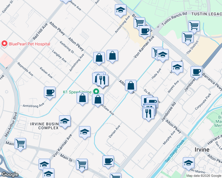 map of restaurants, bars, coffee shops, grocery stores, and more near 2200 Synergy in Irvine