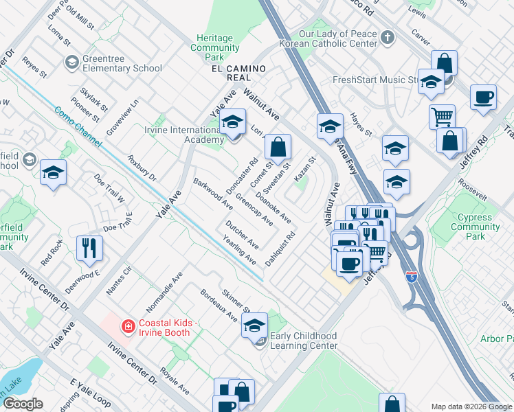 map of restaurants, bars, coffee shops, grocery stores, and more near 5052 Greencap Avenue in Irvine