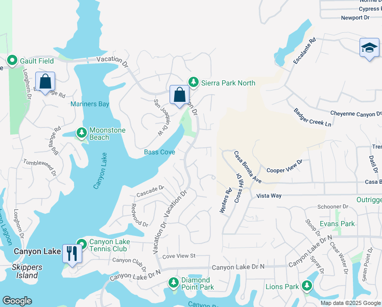 map of restaurants, bars, coffee shops, grocery stores, and more near 29532 Vacation Drive in Canyon Lake