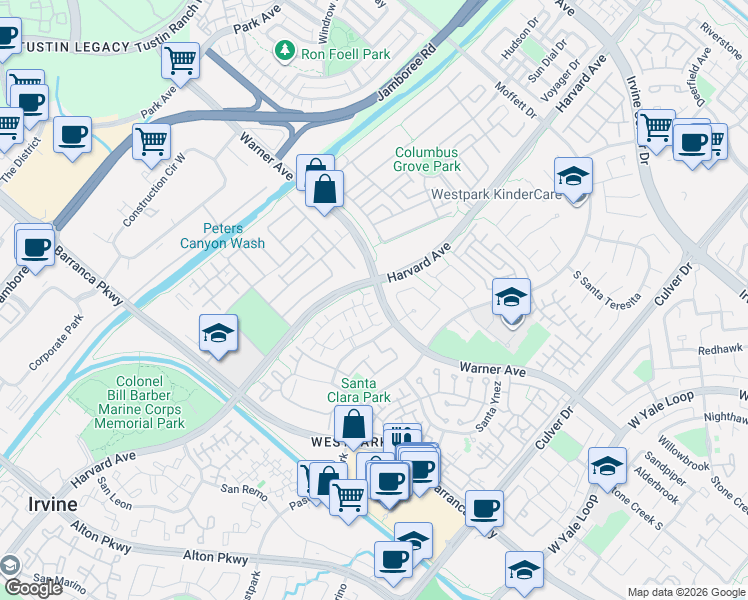 map of restaurants, bars, coffee shops, grocery stores, and more near 22 Le Vanto in Irvine