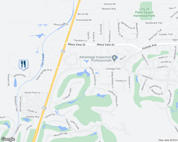 map of restaurants, bars, coffee shops, grocery stores, and more near 916 Andreas Canyon Drive in Palm Desert