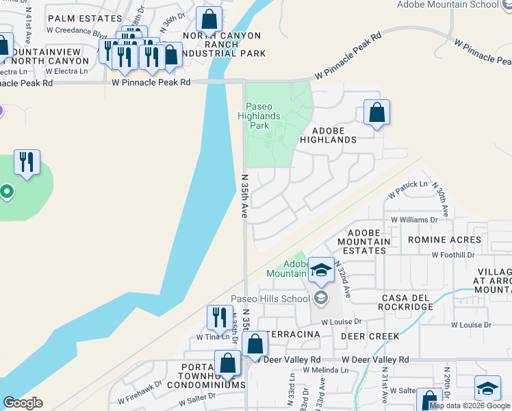 map of restaurants, bars, coffee shops, grocery stores, and more near 22623 North Hance Boulevard in Phoenix