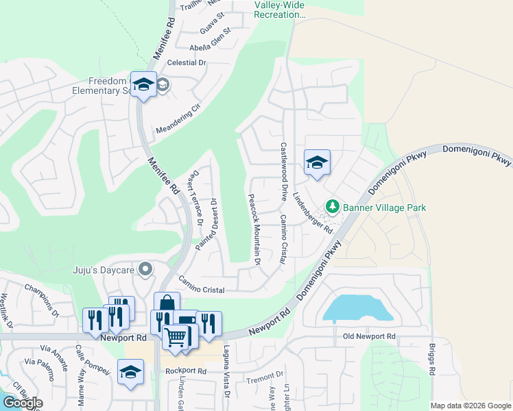 map of restaurants, bars, coffee shops, grocery stores, and more near 29349 Milford Court in Menifee