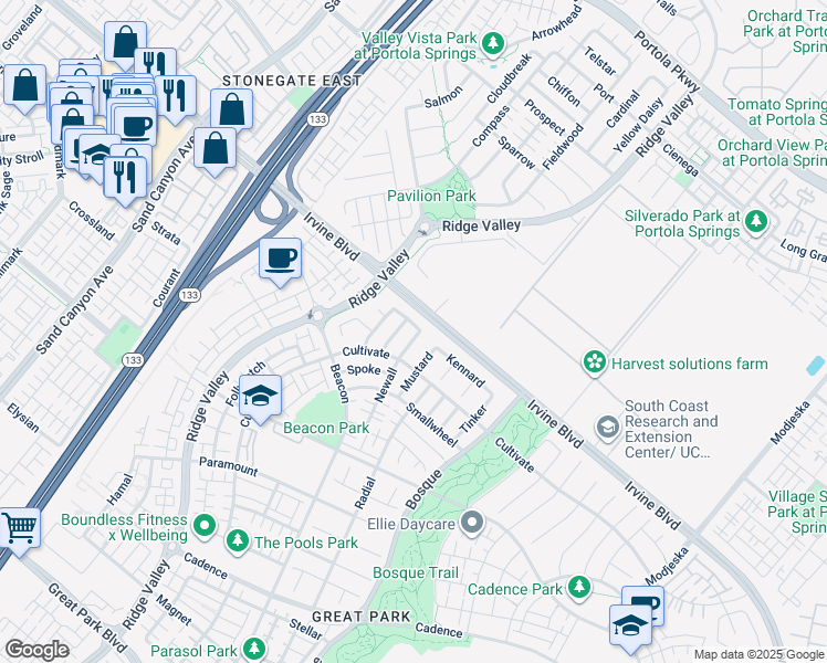 map of restaurants, bars, coffee shops, grocery stores, and more near 173 Newall in Irvine