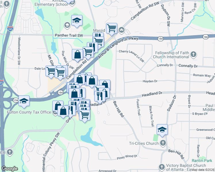 map of restaurants, bars, coffee shops, grocery stores, and more near 2334 Ben Hill Road in Atlanta