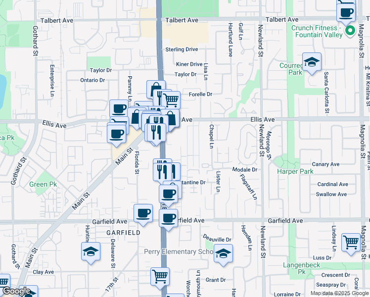 map of restaurants, bars, coffee shops, grocery stores, and more near 18672 Libra Circle in Huntington Beach