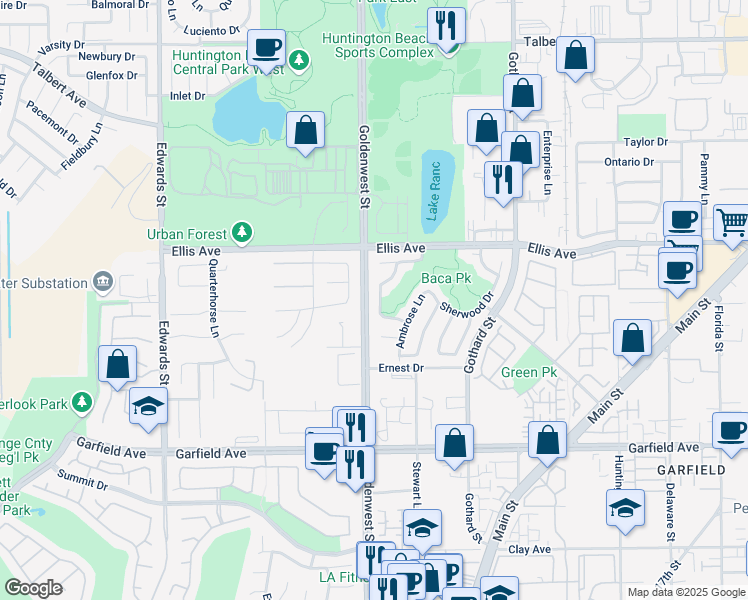 map of restaurants, bars, coffee shops, grocery stores, and more near 6982 Derby Circle in Huntington Beach