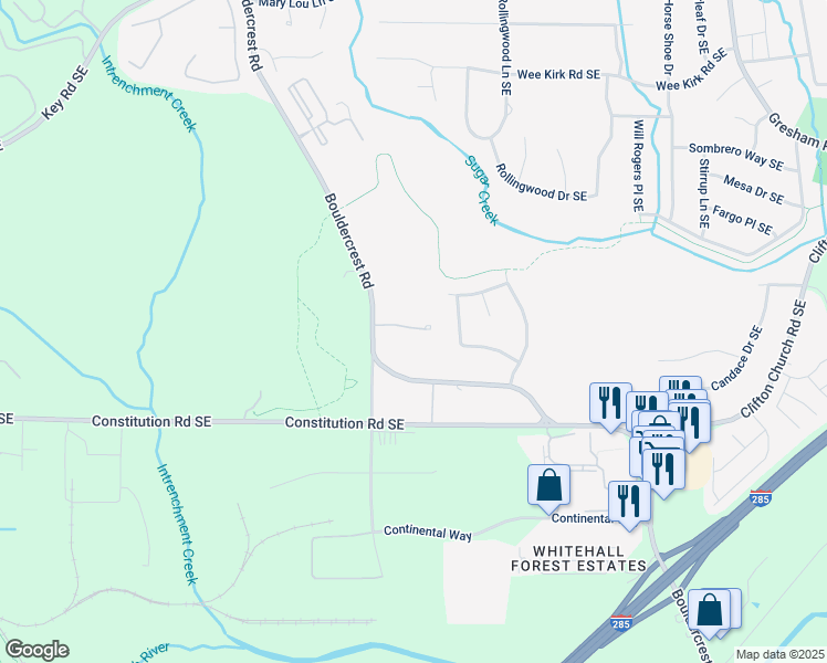 map of restaurants, bars, coffee shops, grocery stores, and more near 1709 Eastside Parc Street in Atlanta
