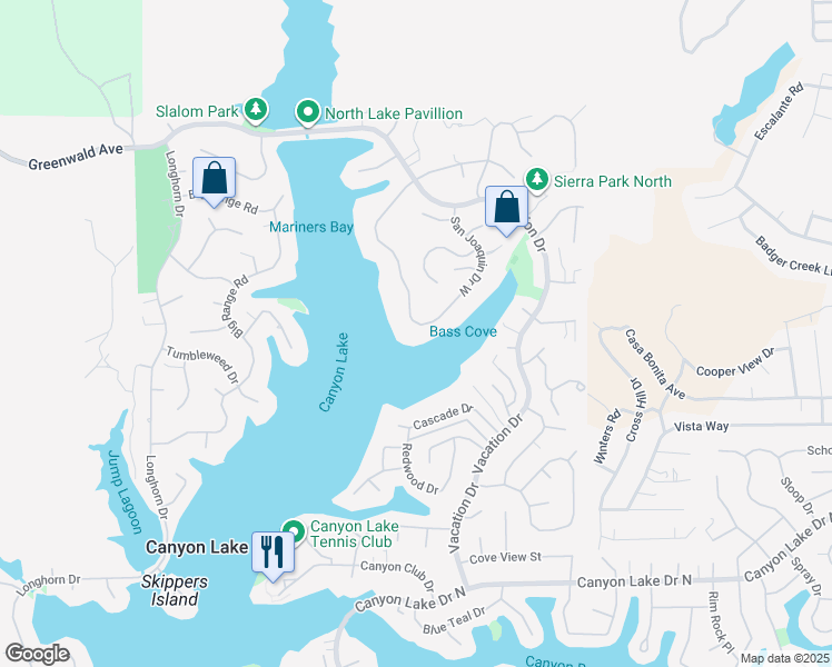 map of restaurants, bars, coffee shops, grocery stores, and more near 22244 San Joaquin Drive West in Canyon Lake