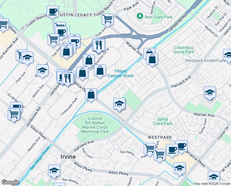 map of restaurants, bars, coffee shops, grocery stores, and more near 703 Silk Tree Street in Irvine