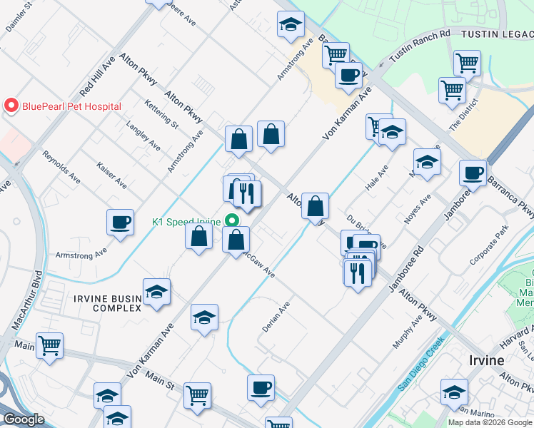 map of restaurants, bars, coffee shops, grocery stores, and more near 2200 Synergy in Irvine