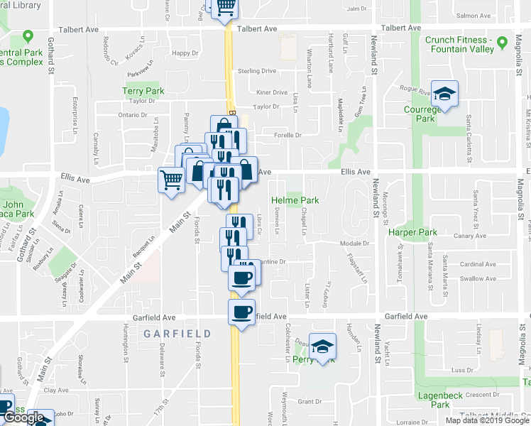 map of restaurants, bars, coffee shops, grocery stores, and more near 18672 Libra Circle in Huntington Beach