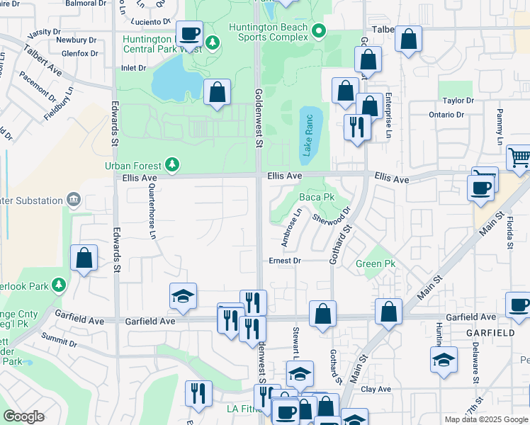 map of restaurants, bars, coffee shops, grocery stores, and more near 6982 Derby Circle in Huntington Beach